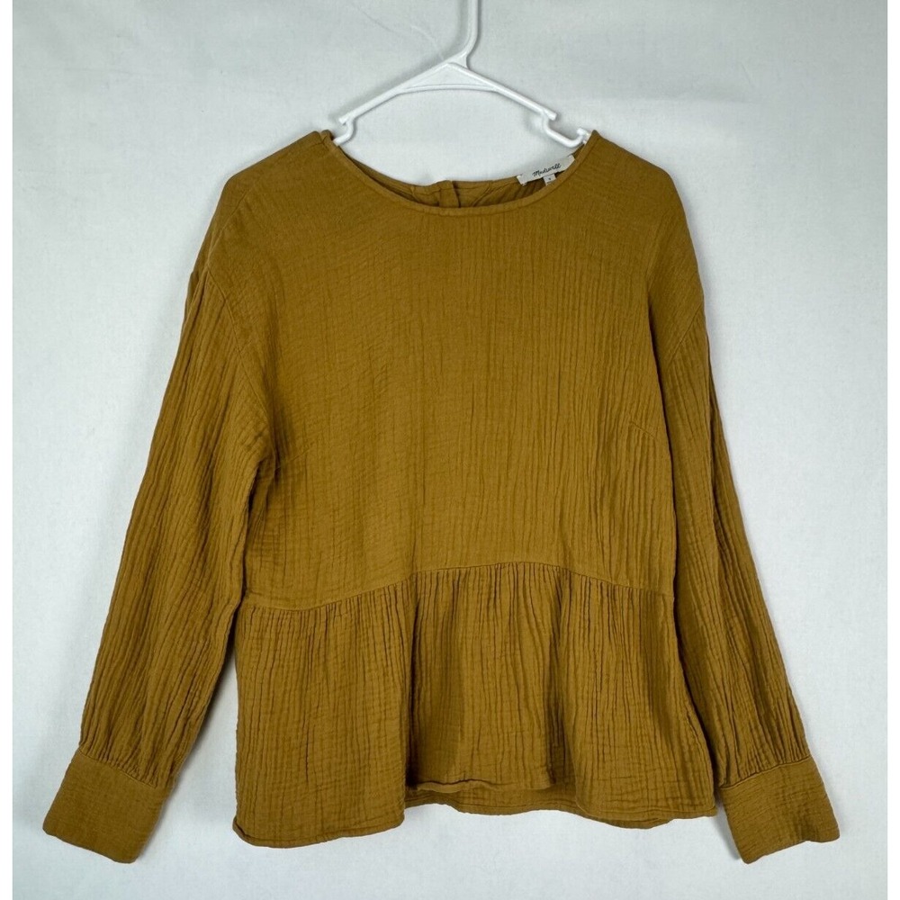 Madewell‎ Lightspun Peplum Top Womens Small Mustard Pullover Button Back Gauze